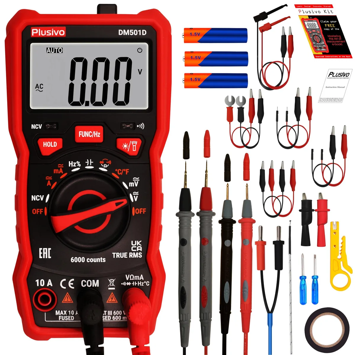aFe Power DM501D digital multimeter in orange case with test leads and probes
