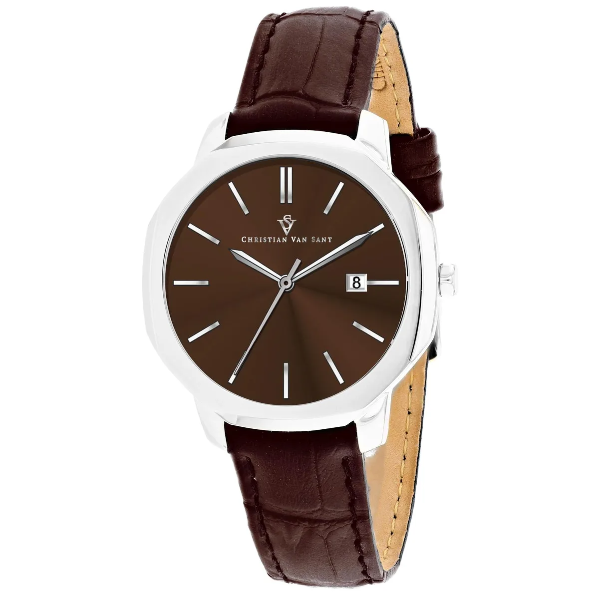 Christian Van Sant Octave Slim watch, brown dial, stainless steel case, leather strap