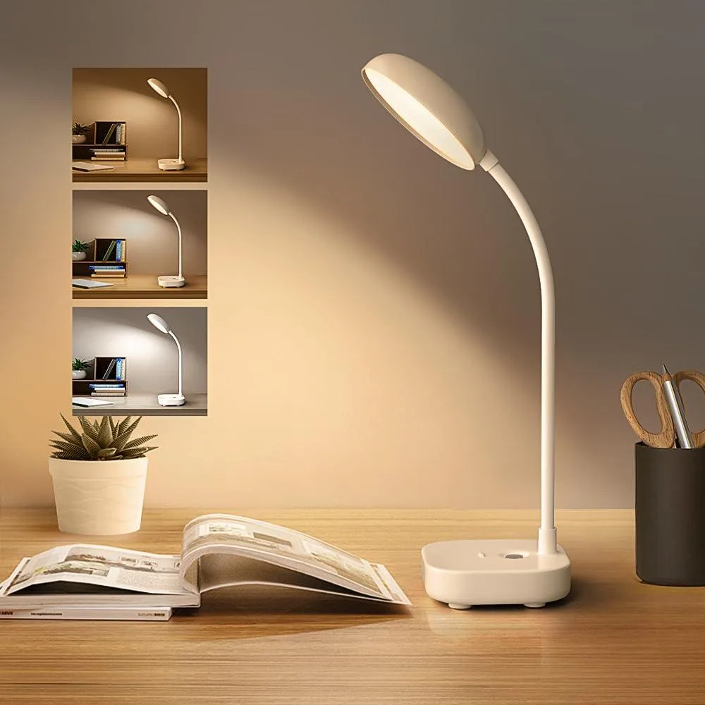 Small white square plastic table lamp with 360° flexible gooseneck hose and touch control