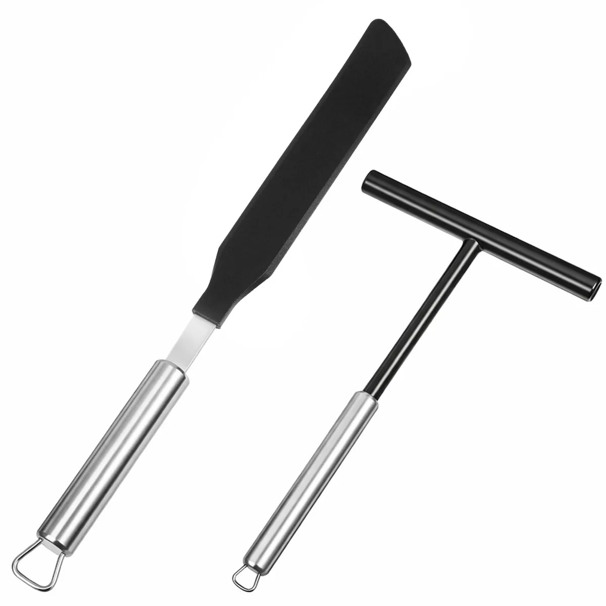 Two stainless steel crepe tools with black silicone handles and hanging holes