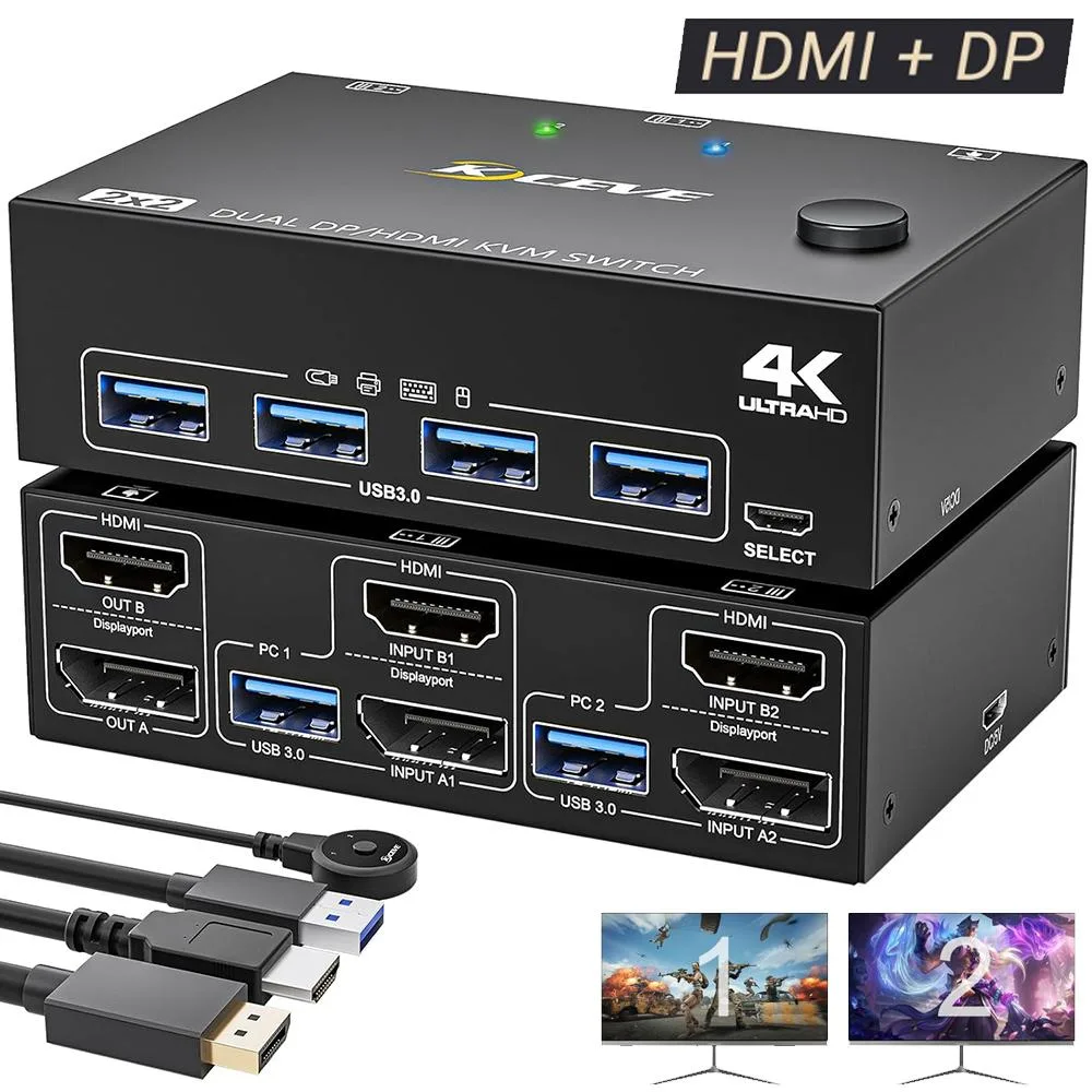Hitoor Hitoor USB 3.0 KVM Switch Dual HDMI DP 2 PC 4 Port 1.5m Remote — product photo