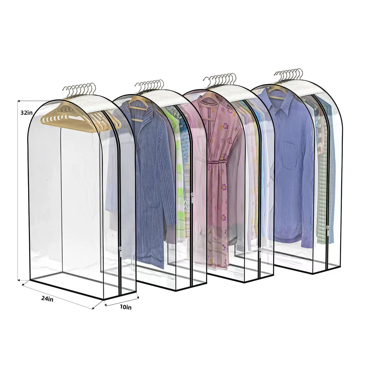 Four clear garment bags with side zippers and small hanger holes, 32 inch length