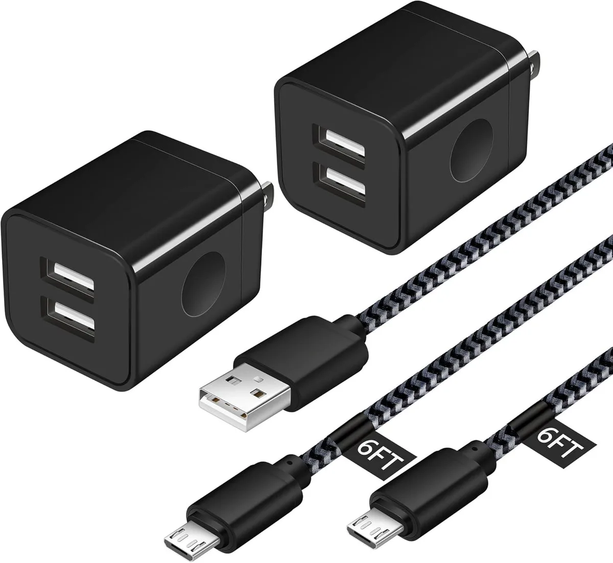 ONITOON ONITOON Micro USB cable 2-pack 6 ft with dual-port wall charger 2.1 A 480 Mbps (black) — product photo