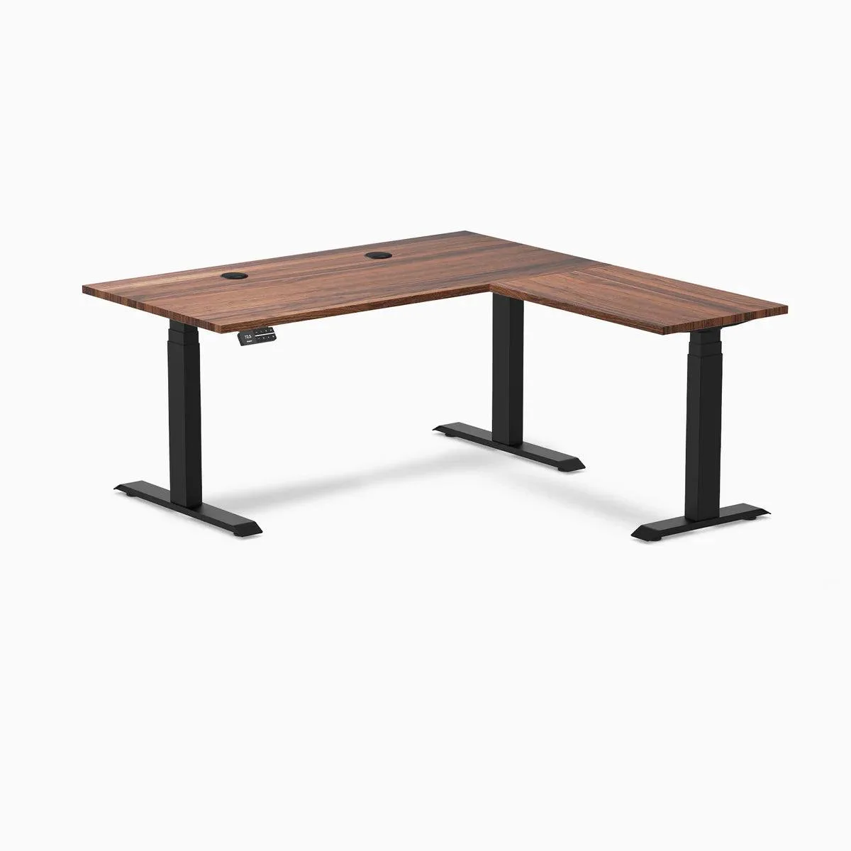 Desky Desky Hardwood L-Shape Sit Stand Desk Walnut Matte Black 60 x 30 x 62 x 20 in with Grommets — product photo