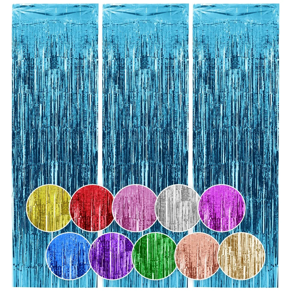 Three light blue tinsel backdrop curtains, 3.3 by 6.6 feet each, shimmering metallic finish