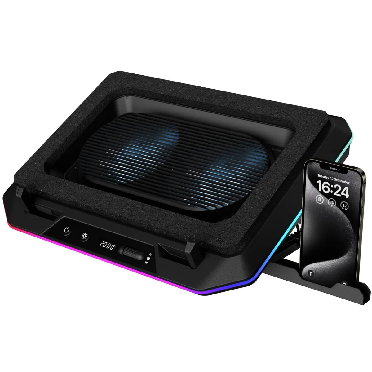  ENHANCE Aether P1-9201 laptop cooling pad, dual 135mm fans, 19in, RGB, 7 heights, USB-A &amp; USB-C — product photo