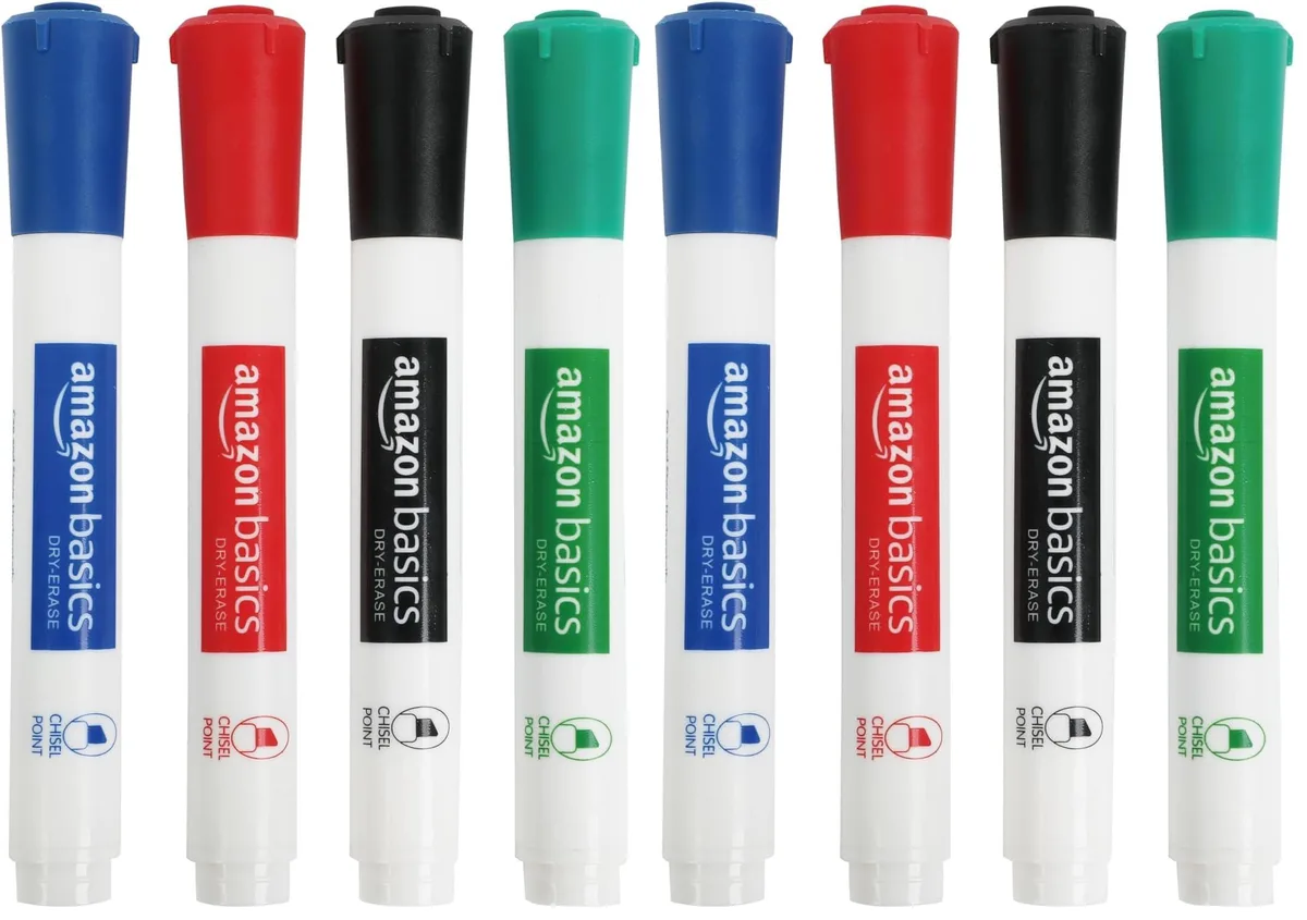 Eight chisel-tip dry-erase markers in black, blue, red, green, cylindrical white barrels, coloured caps
