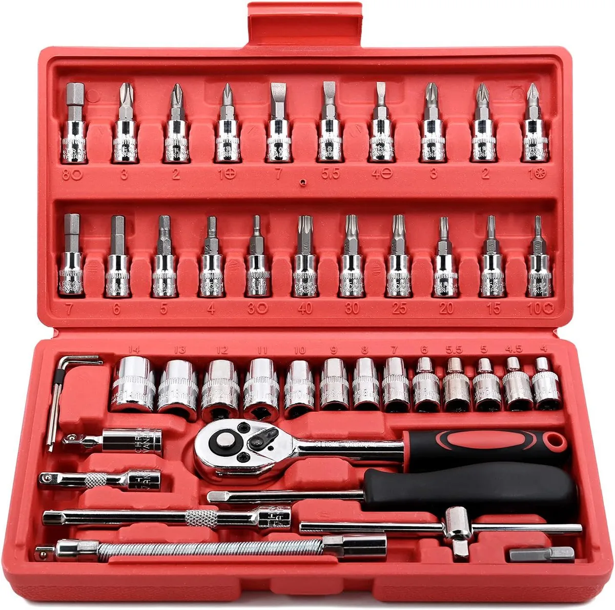 A 46-piece 1/4-inch drive socket set in a storage case with chrome vanadium steel sockets and ratchet handle