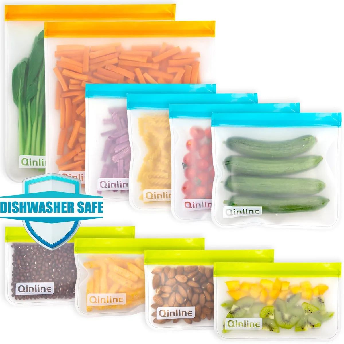 Ten blue reusable food storage bags in PEVA material with zipper closures