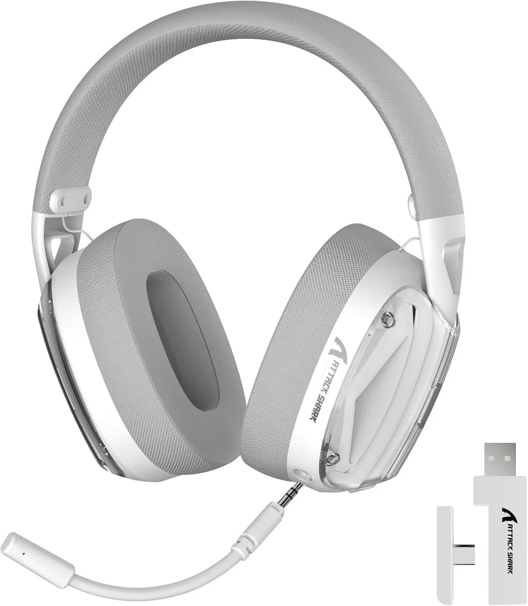 White over-ear wireless headset with detachable microphone and fabric ear cushions