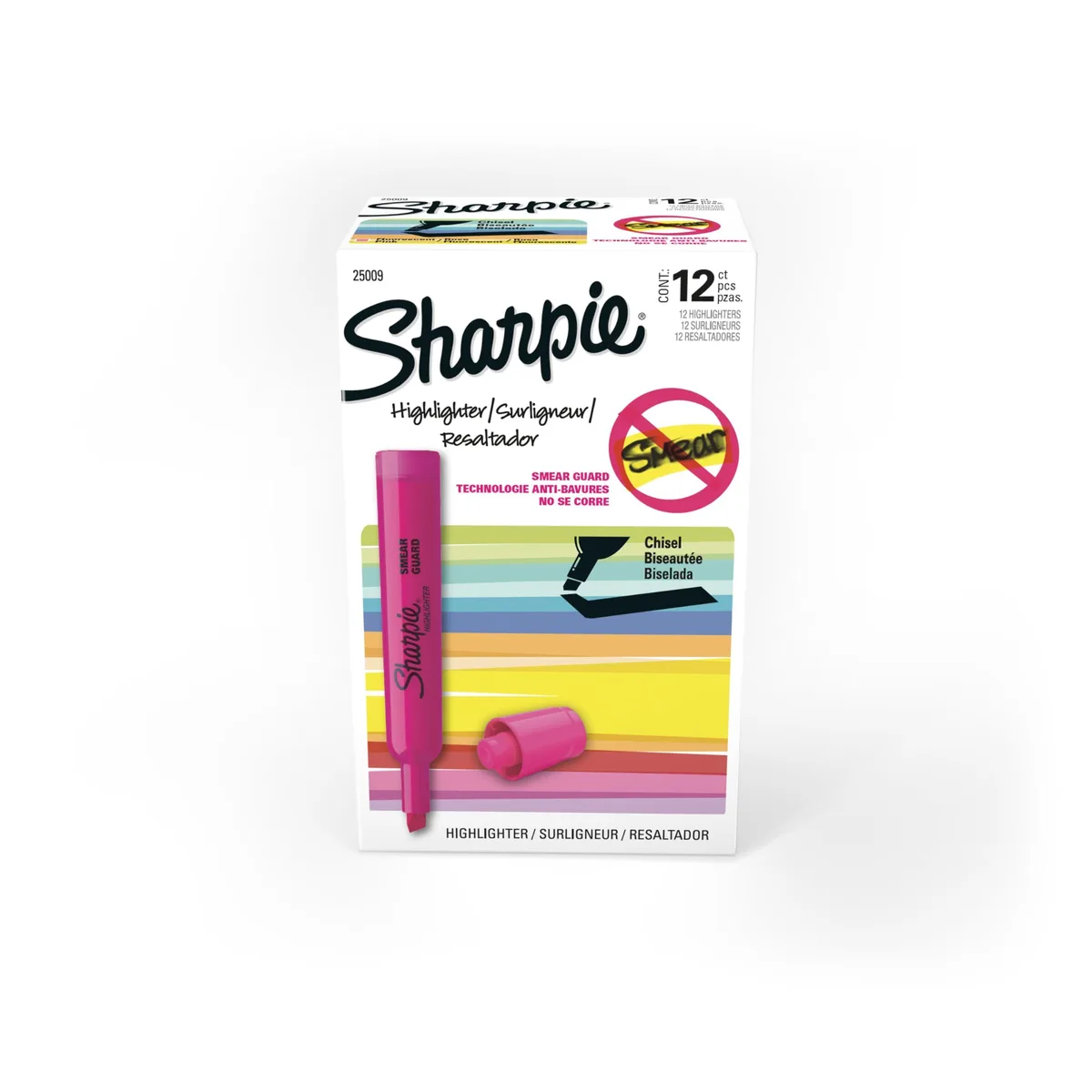 Box of twelve pink cylindrical highlighters with chisel tips