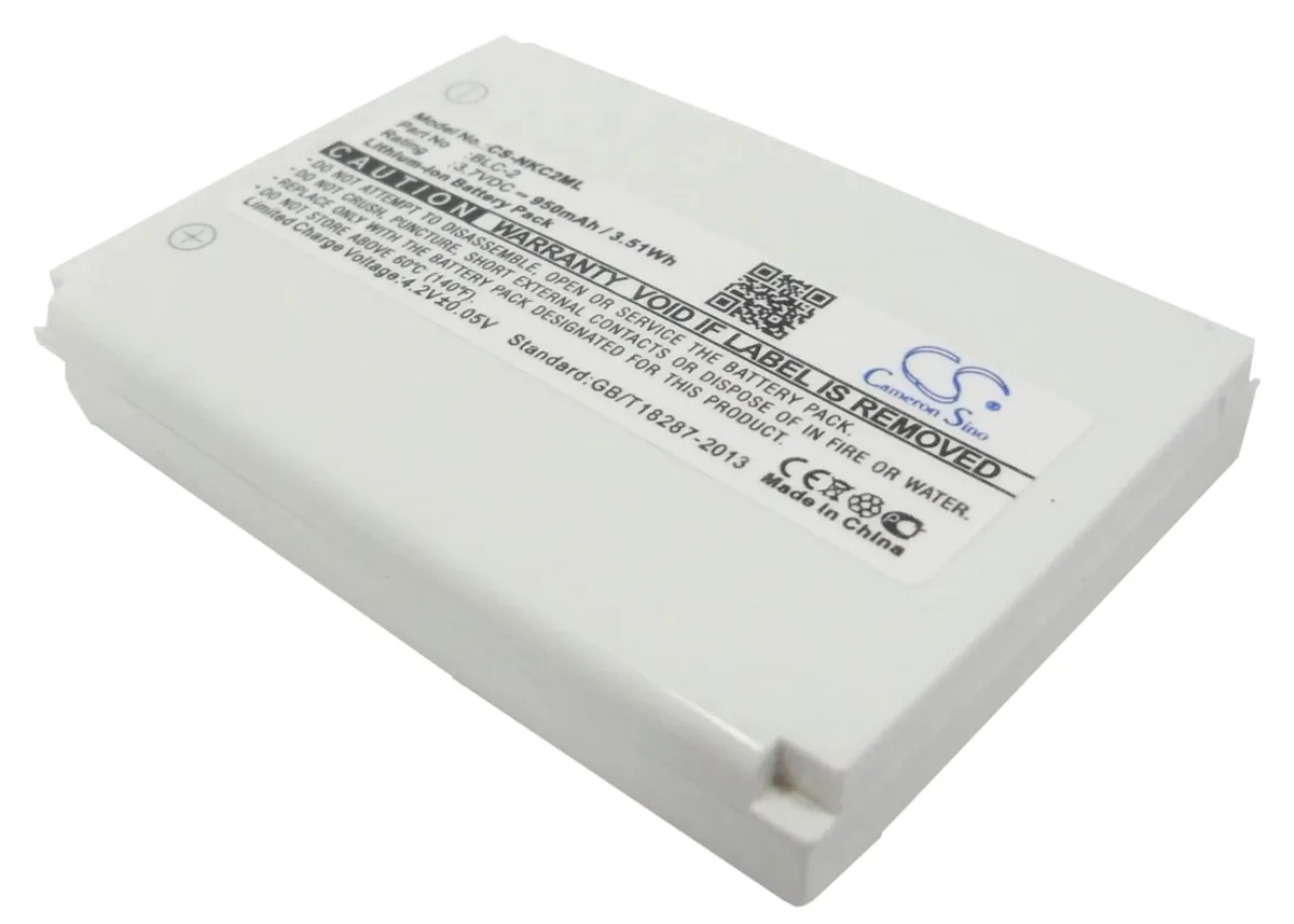 Rectangular replacement battery with label showing model numbers