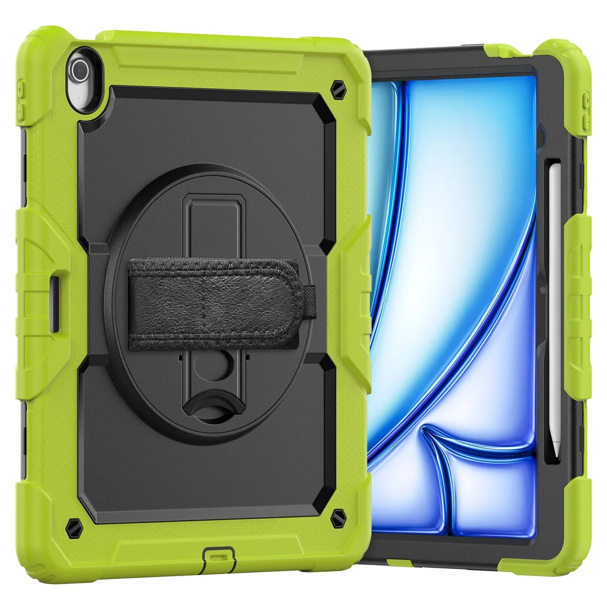 Green heavy-duty tablet case with 360° rotating stand and shoulder strap