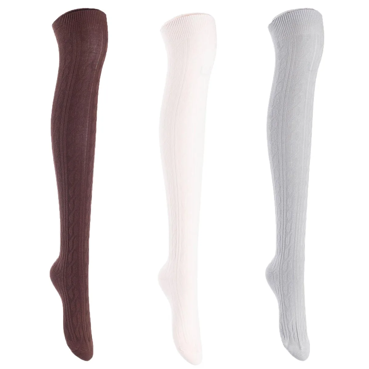 Three pairs of thigh-high cotton socks in coffee grey and khaki