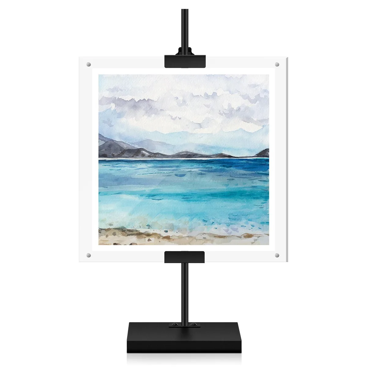 Black metal tabletop easel with two clear acrylic frames magnetic mount 16.5 inches tall