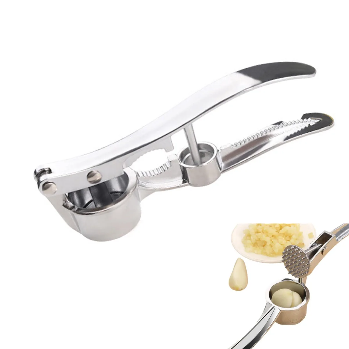 Stainless steel 3-in-1 garlic press with curved handles and textured crushing chamber