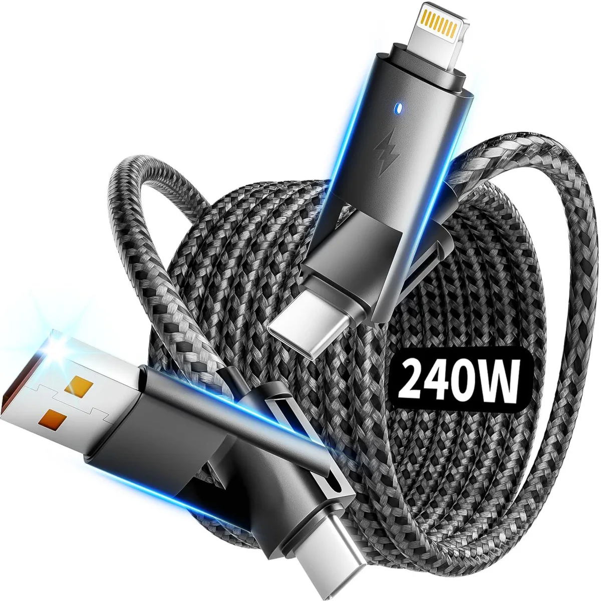 Orange braided 4-in-1 USB charging cable, 3 ft long, multiple connector tips