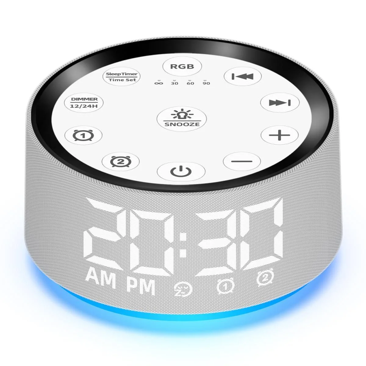Compact gray digital clock with rounded edges and a small display