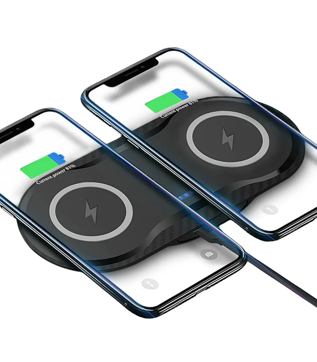 Flat rectangular wireless charging pad with two circular zones and a USB-C cable attached