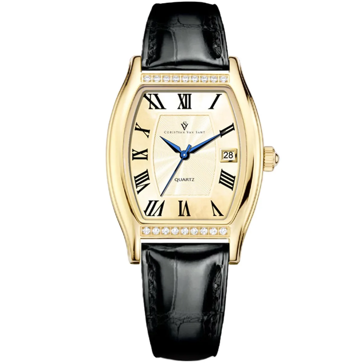 Christian Van Sant Gemma gold dial watch with stainless steel case and leather strap