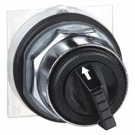 Black 30 mm selector switch with short lever, chrome bezel, four maintained positions