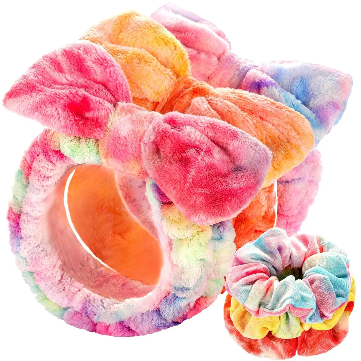 Six-piece spa headband and scrunchie set in tie-dyed colours