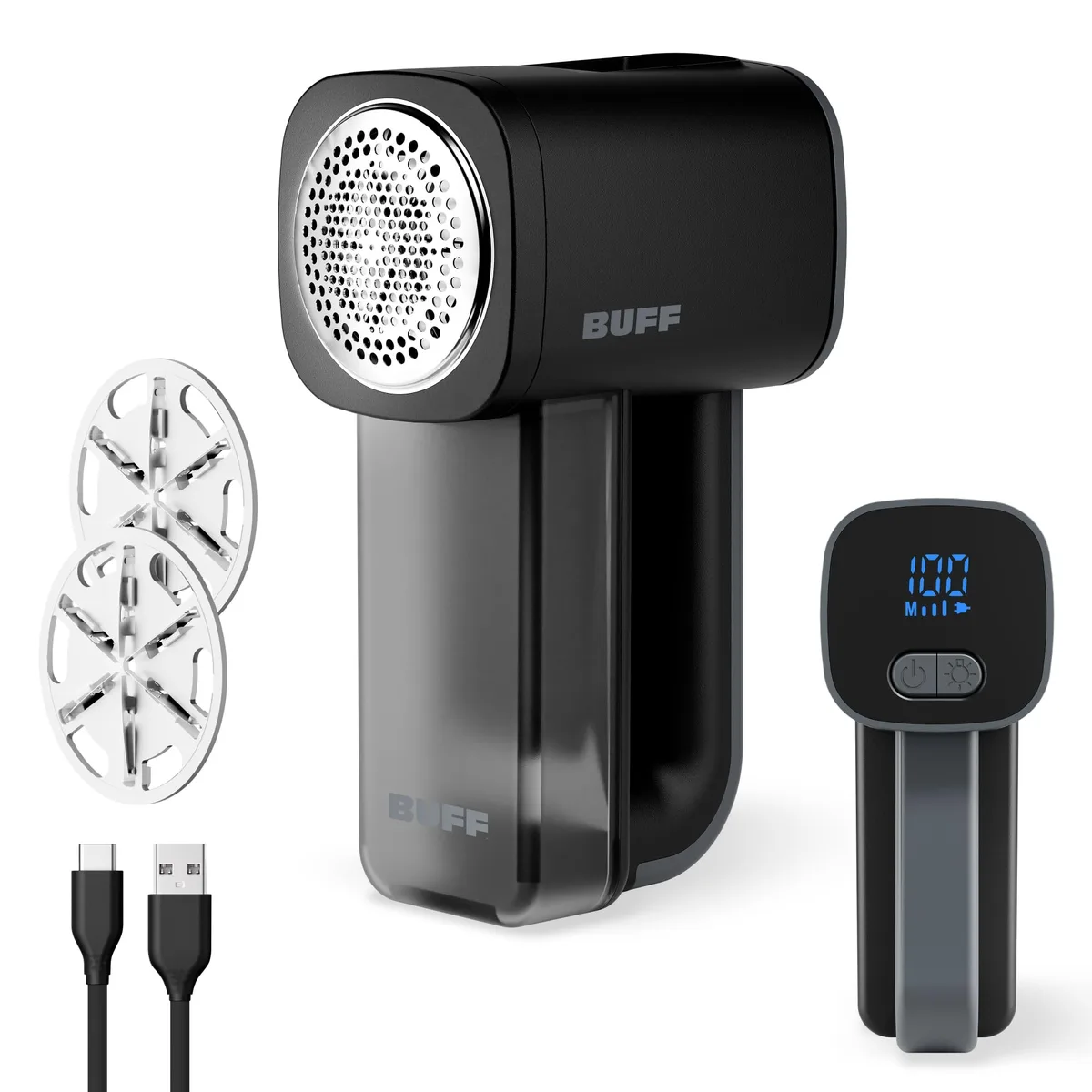 Black handheld electric lint remover with stainless steel blade and removable dust bin