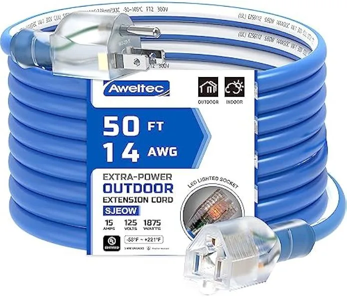 TAURKENAM TAURKENAM Outdoor Extension Cord 14AWG 50ft 15A 1875W Lighted Blue White — product photo