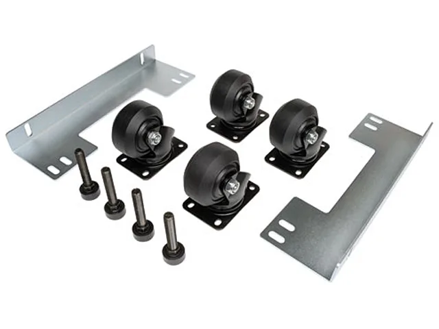Four black industrial casters on a metal mounting plate