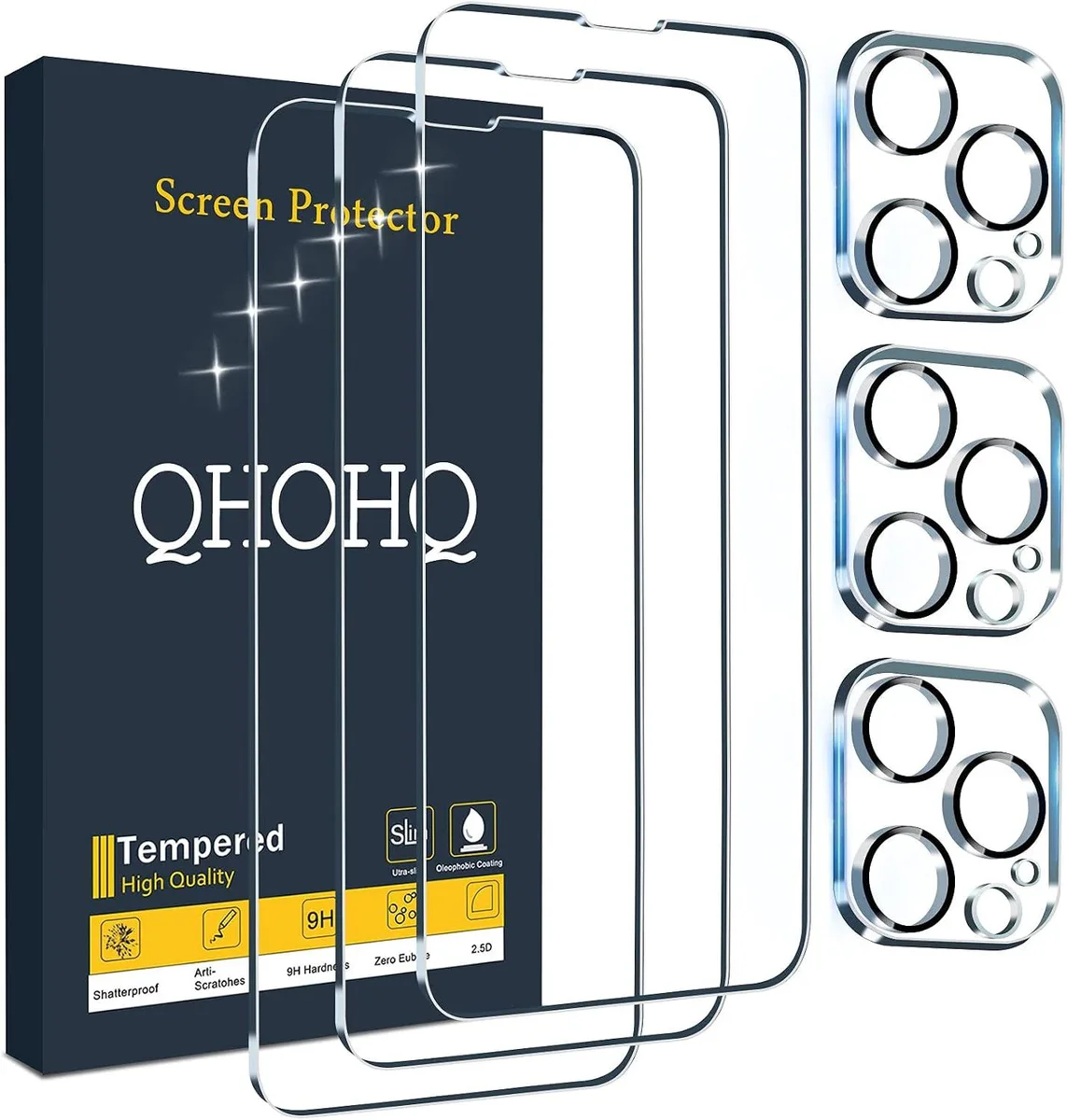 Three clear tempered glass screen protectors and three matching camera lens protectors for iPhone 13 Pro Max 6.7