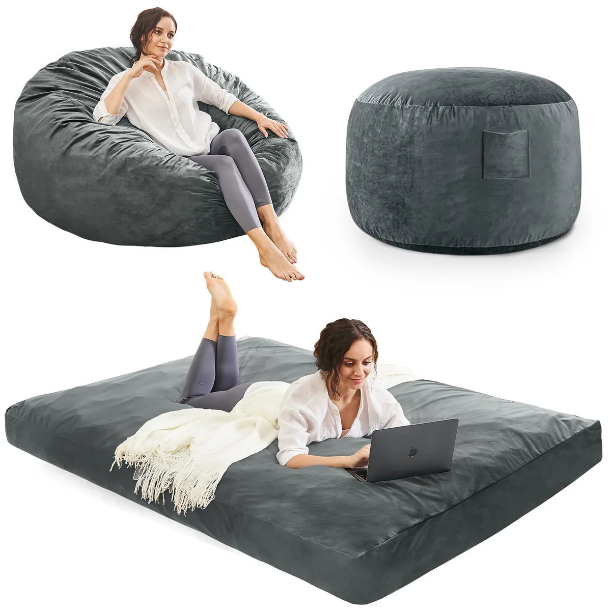 Two blue microfiber convertible bean bag chair beds, round, 54 by 75 by 8 inches