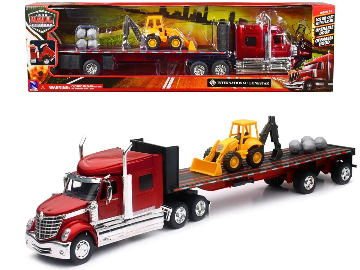 New Ray Toys New Ray Toys International Lonestar Truck Flatbed Trailer Red Metallic Front Loader Rocks 1/32 Diecast — product photo