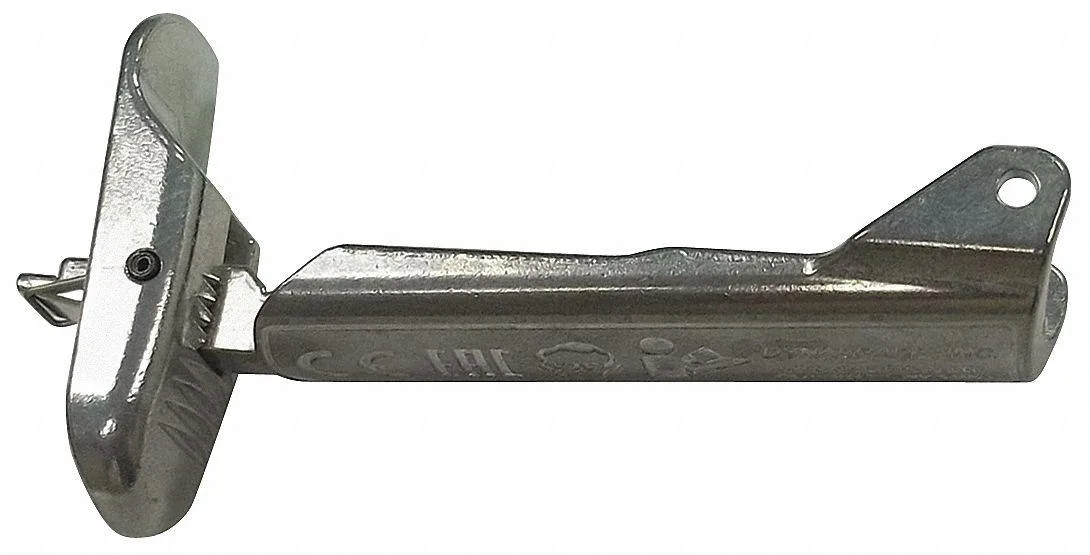 Silver metal safety throttle lever with curved handle and mounting holes