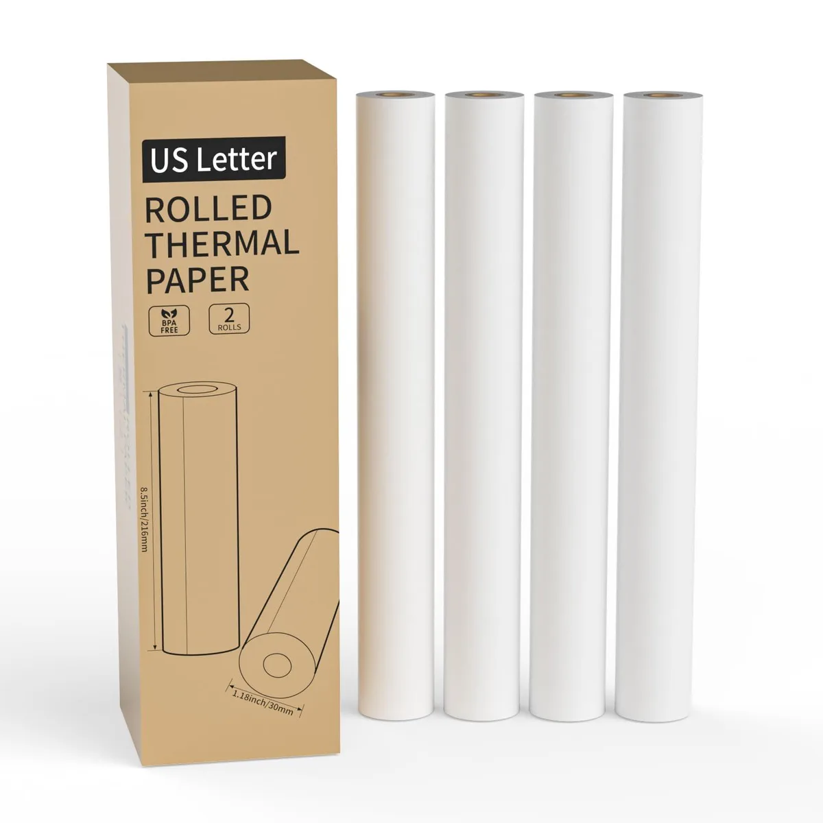 Four white thermal paper rolls in US Letter size