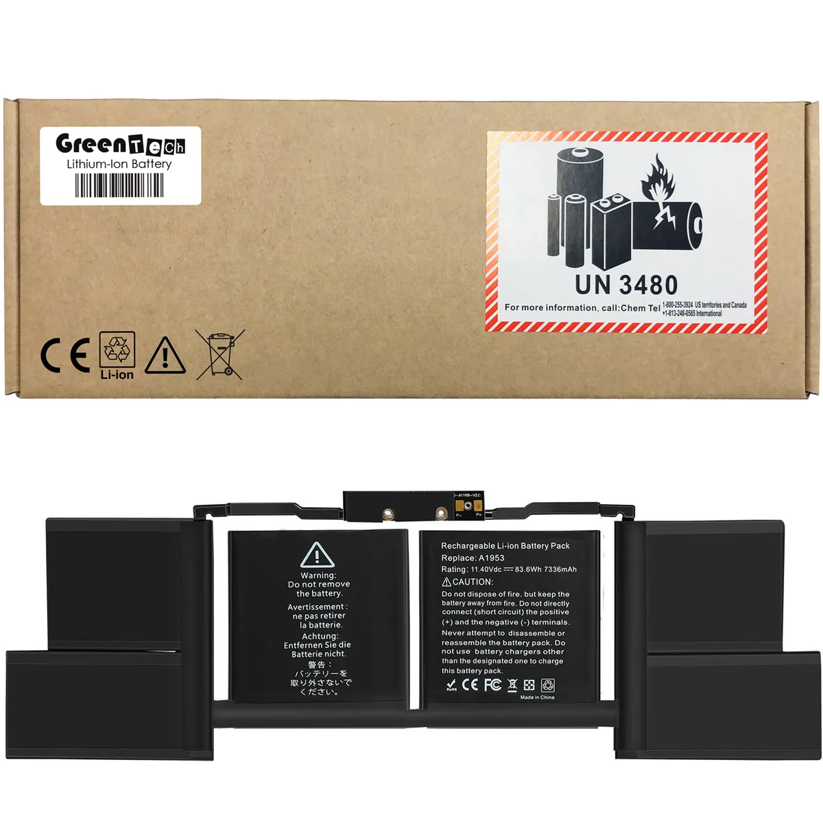 GreenTechLLC GreenTechLLC A1953 15" MacBook Pro Touch Bar 2018/19 83.6Whr laptop battery — product photo