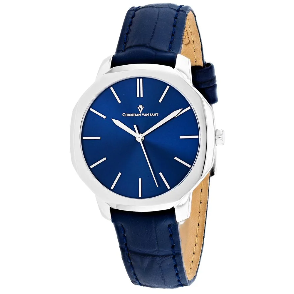 Slim stainless steel watch with blue dial and leather strap
