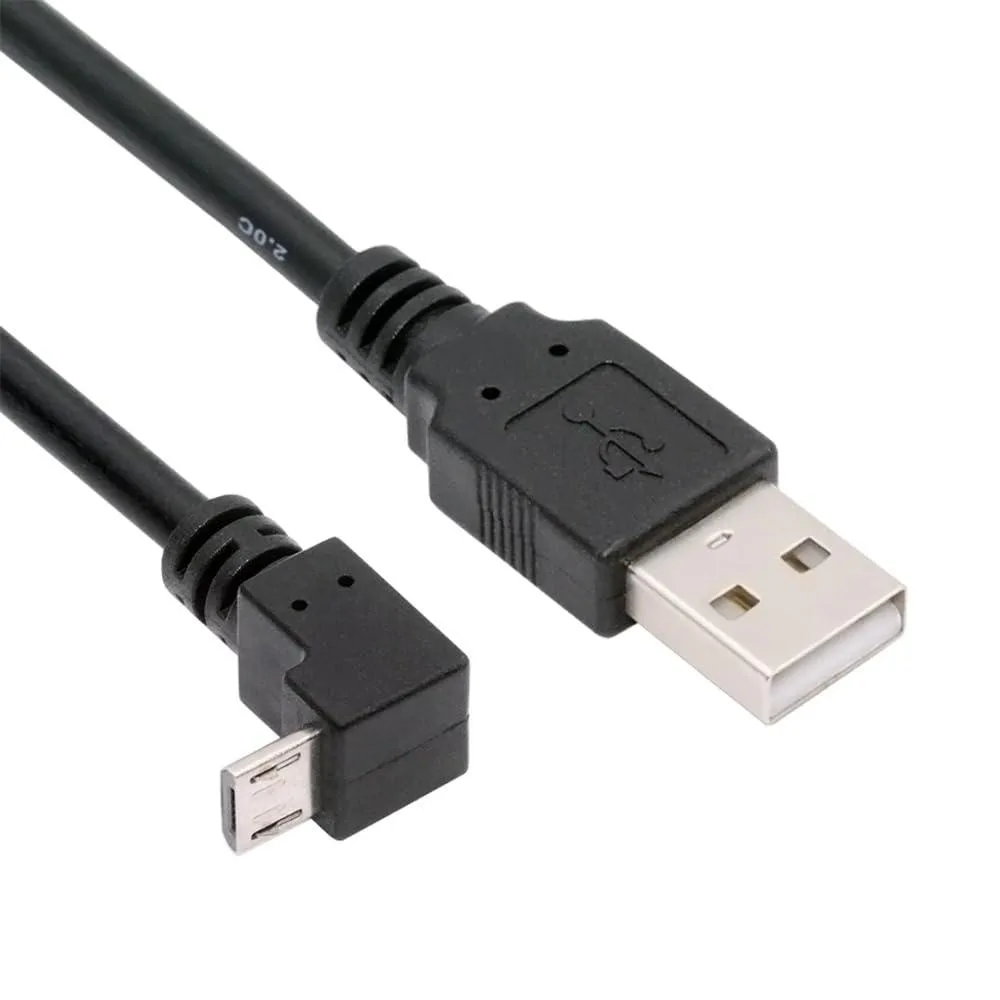 Short black USB cable with right-angled Micro USB plug and straight Type-A plug