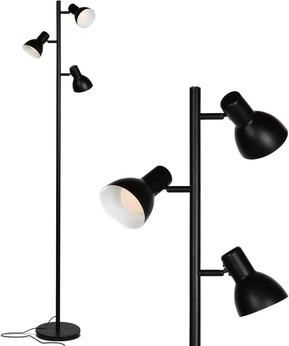 Black floor lamp with three pivoting curved shades on adjustable arms