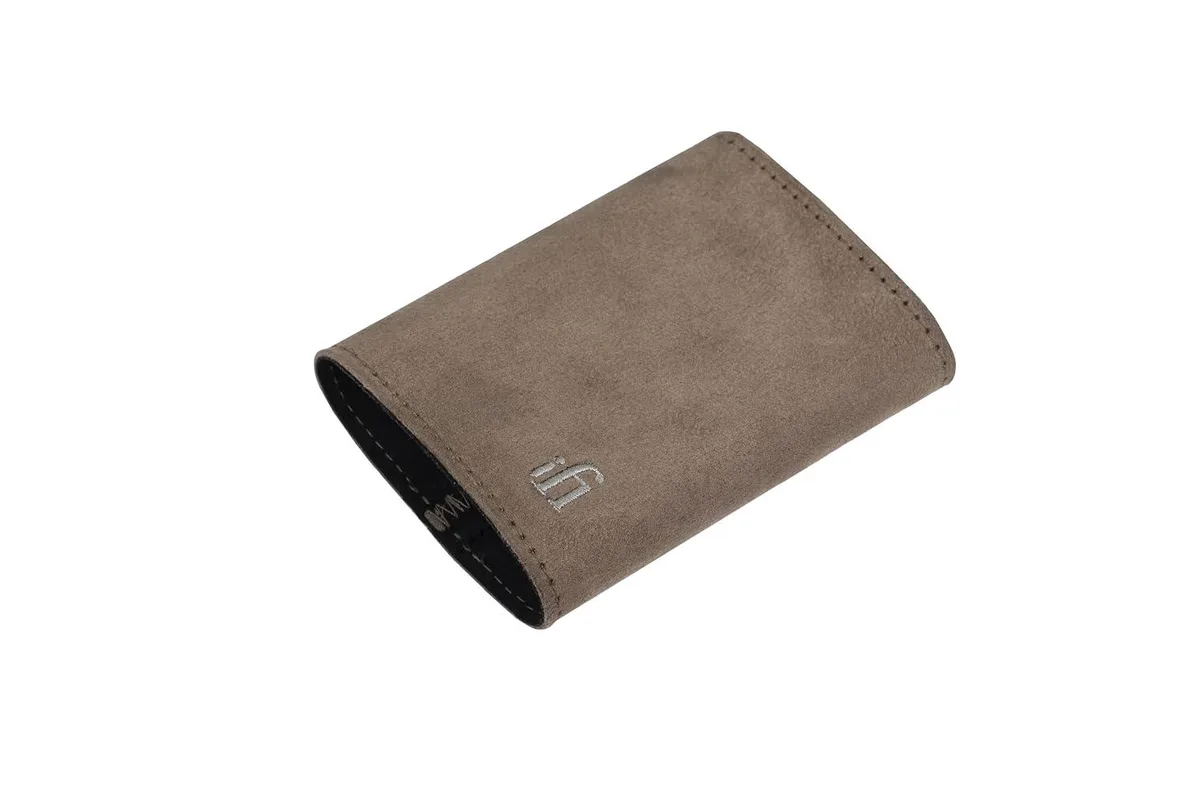 Soft-touch faux suede case with embroidered logo and IEMatch cutout