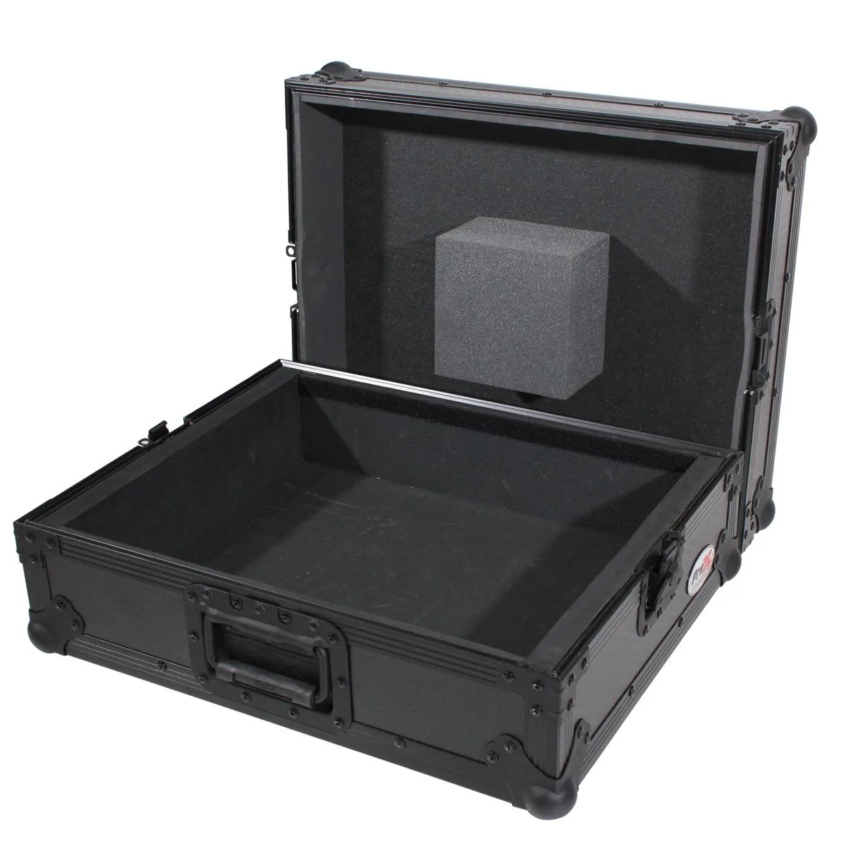 Black rectangular flight case with black hardware and foam interior for 1200 style turntables