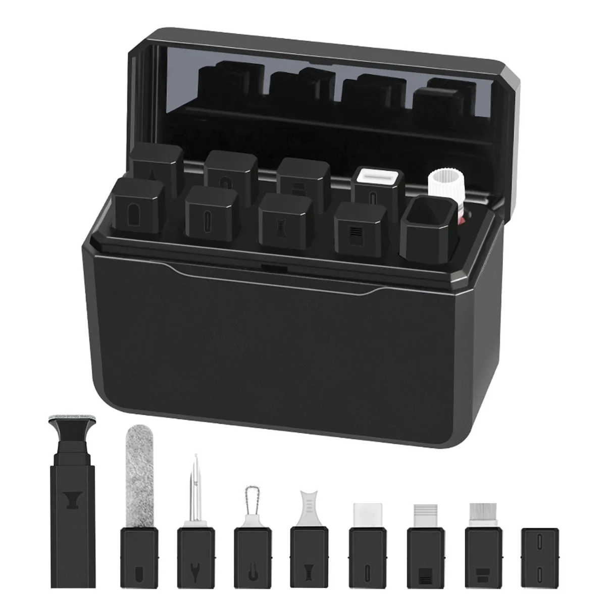 Compact rectangular cleaning kit box with spray bottle, pens, brushes and cloths