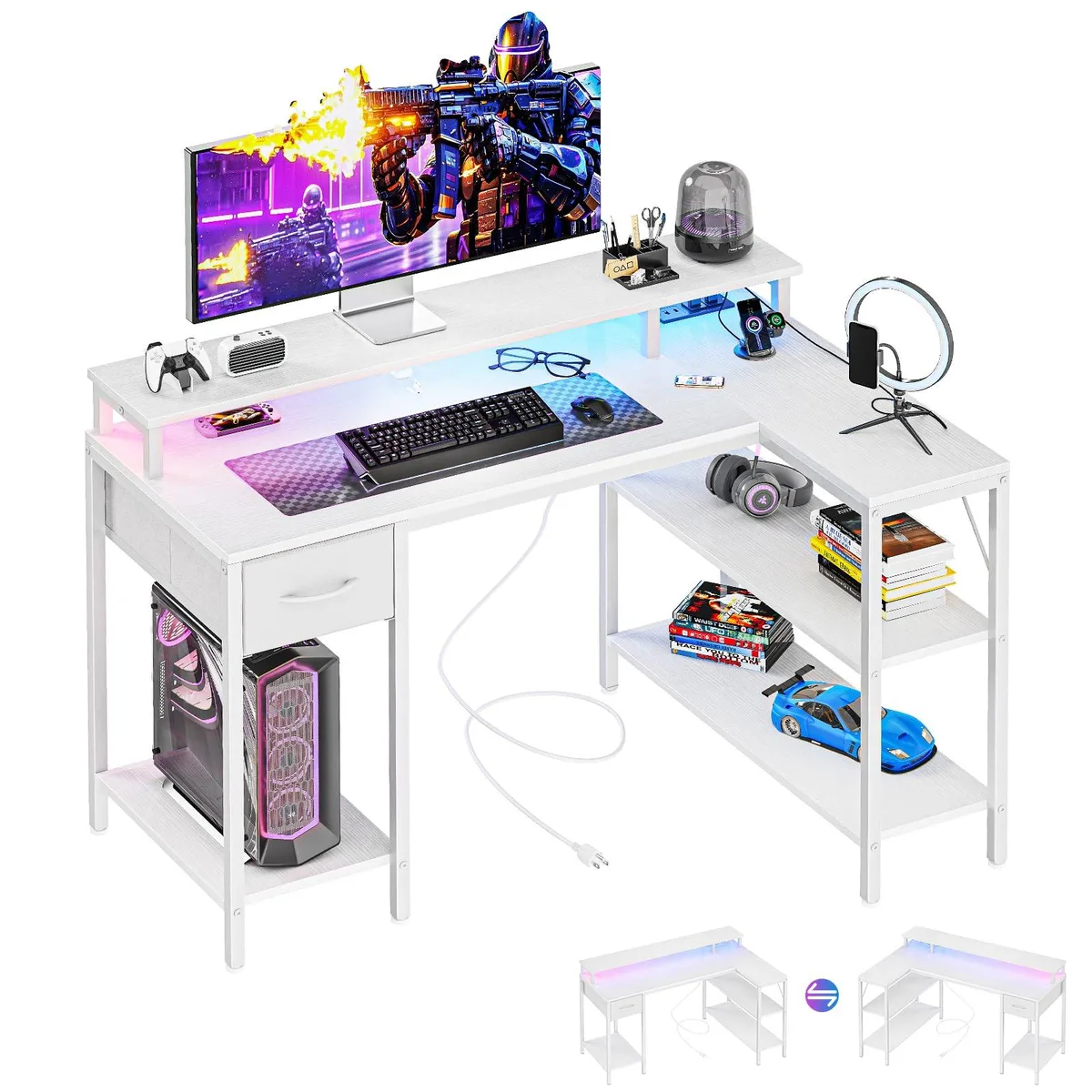 White L-shaped desk with metal frame, monitor riser, LED strip, drawer and shelves