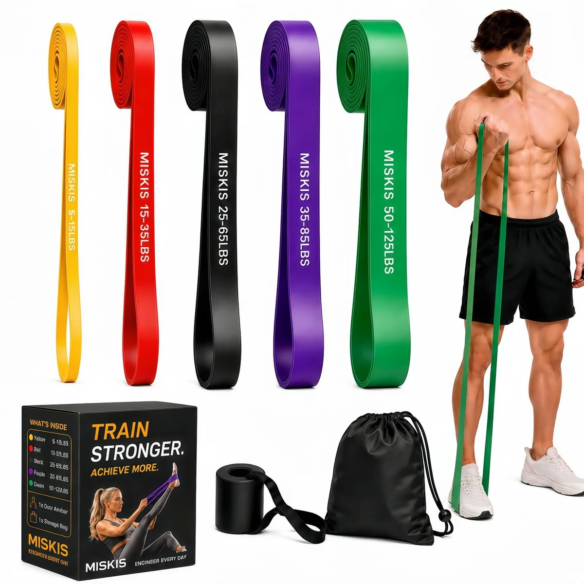 Five multicolour TPE loop bands with door anchor and carry bag