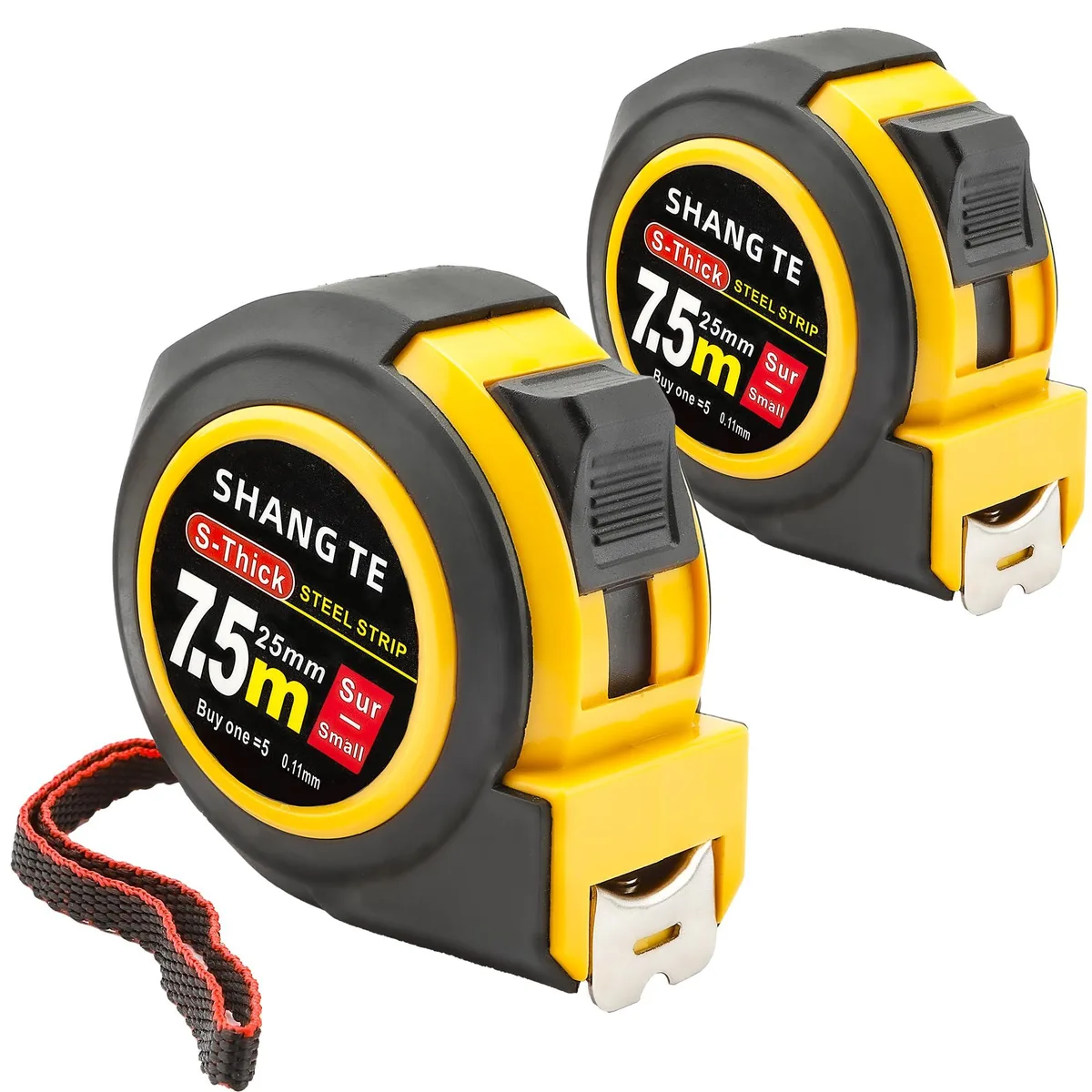 Two yellow 25 ft tape measures with black cases and metric imperial markings
