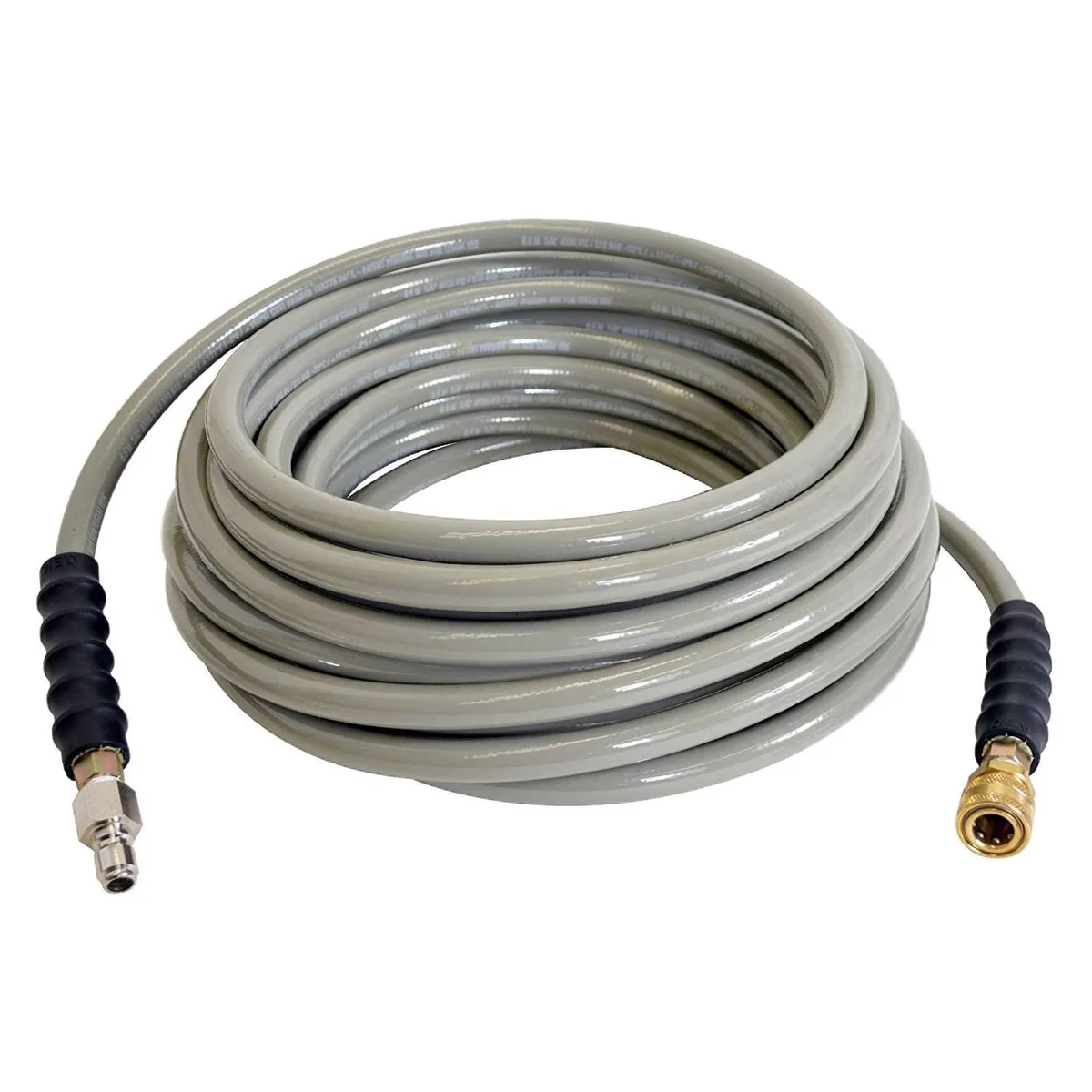 Gray 100 ft hot water hose with brass quick-disconnect fittings