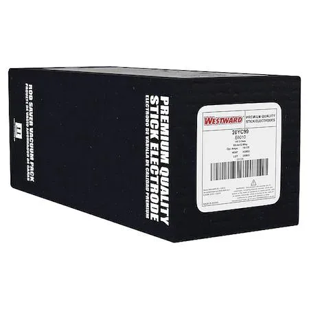Cardboard box labelled 50 lb E6010 welding electrodes 14 inch length