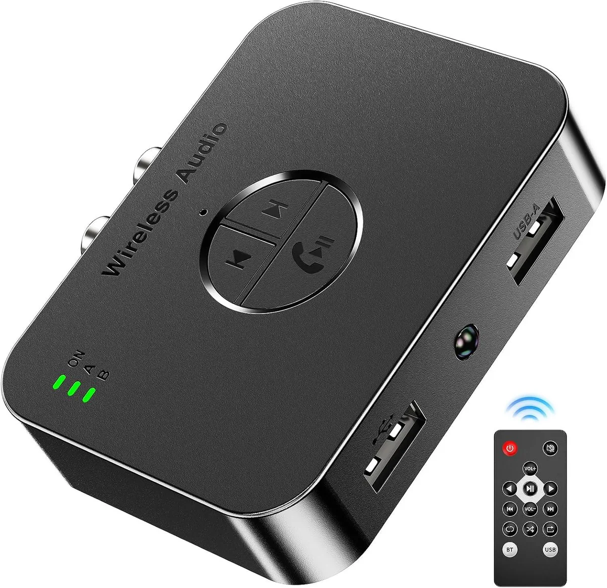 Compact black Bluetooth 5.4 receiver with dual USB ports and RCA cables