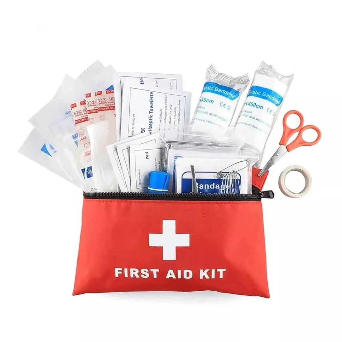 Compact black nylon first-aid pouch with 95 medical items inside
