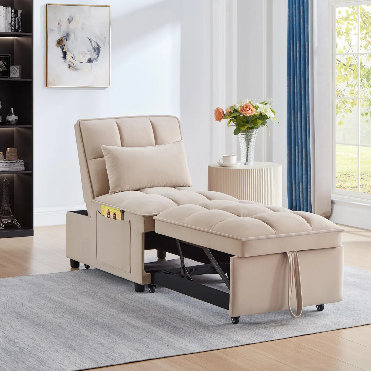 Taupe velvet single sofa bed with tufted backrest and pull-out chaise, compact design with storage pockets