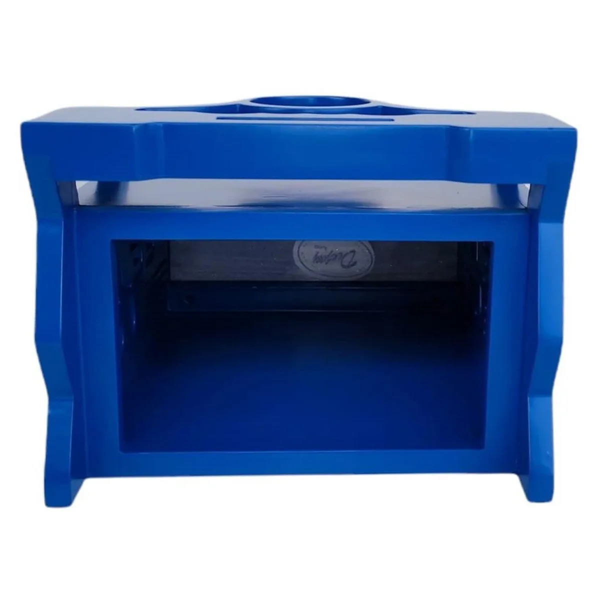 Blue wooden controller case with one DIN slot and two EQ sections